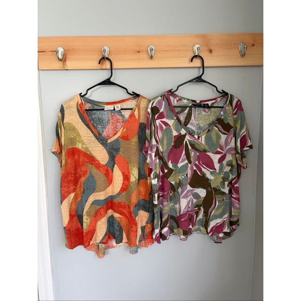 Tahari Rachel Zoe Linen Tee Bundle Size 2X Botanical Leaf Tropical Print Tops